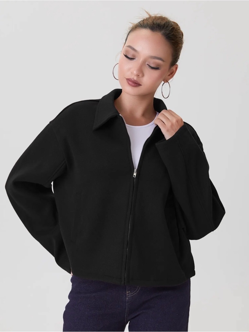 KatchMe Women's Solid Color Collared Zipper Long Sleeve Cozy Vintage Jacket